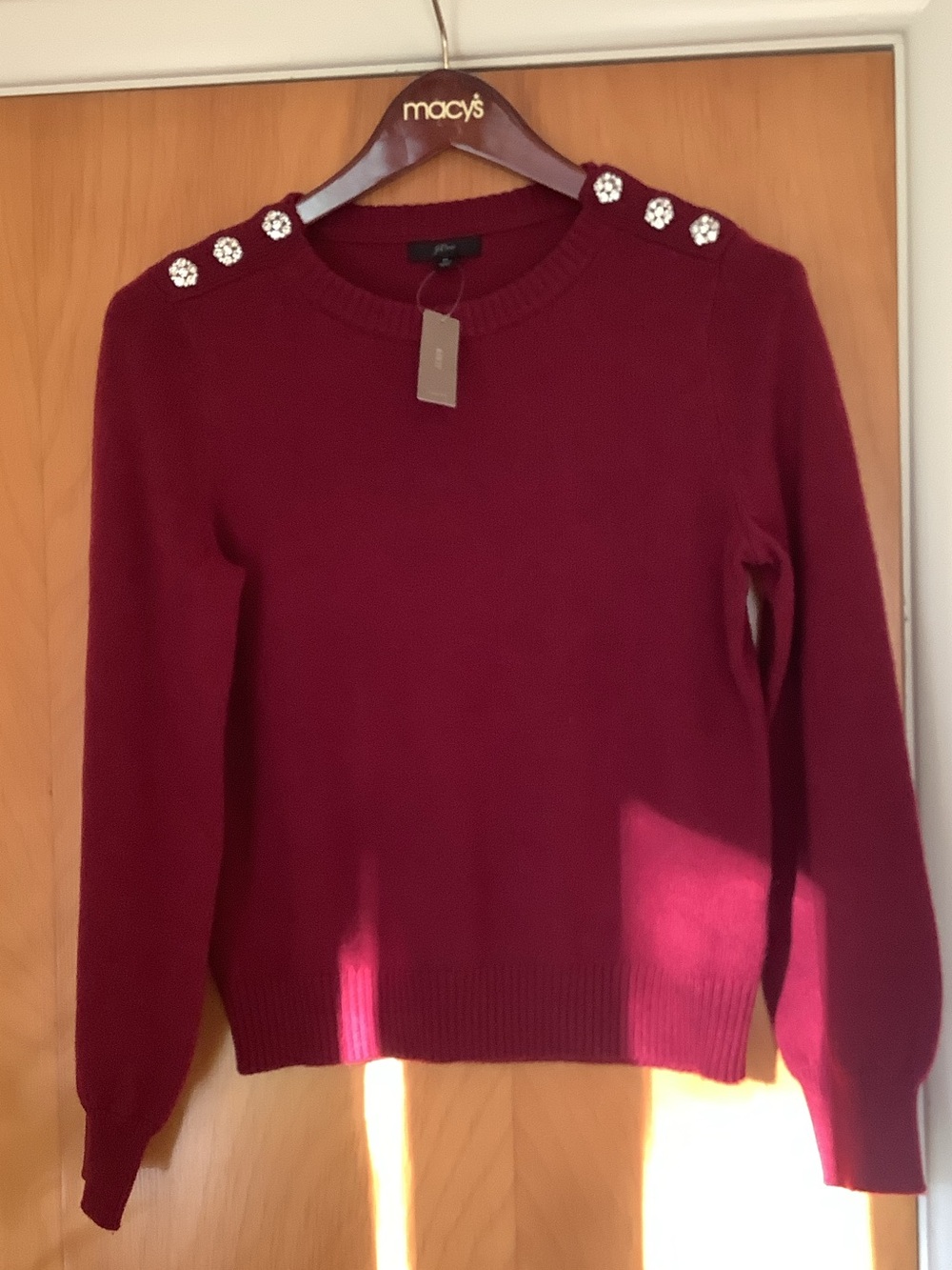 J. Crew Burgundy Crewneck Sweater with Crystal Shoulder Buttons